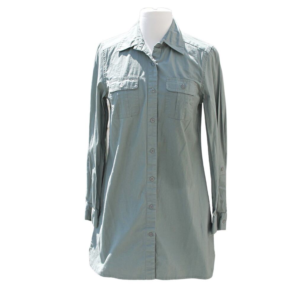 Momento Olive Button Down Shirt Mini Dress Length